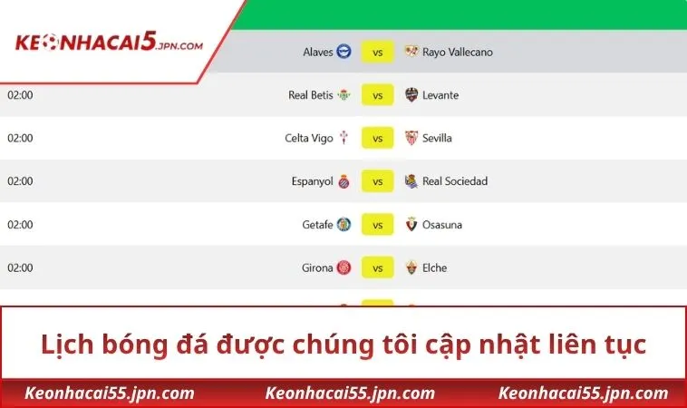 Lịch bóng đá được chúng tôi cập nhật liên tục